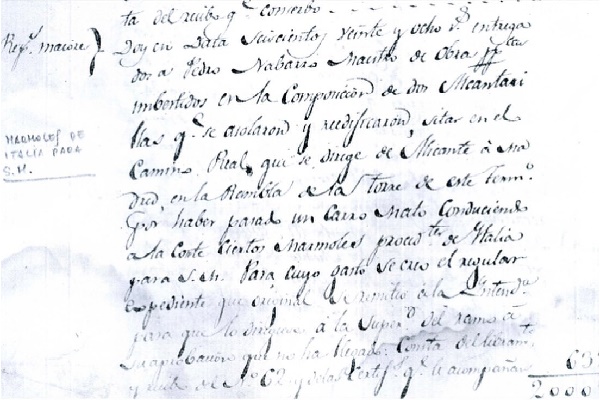 El paso por Sax de mármoles italianos para la corte en 1827